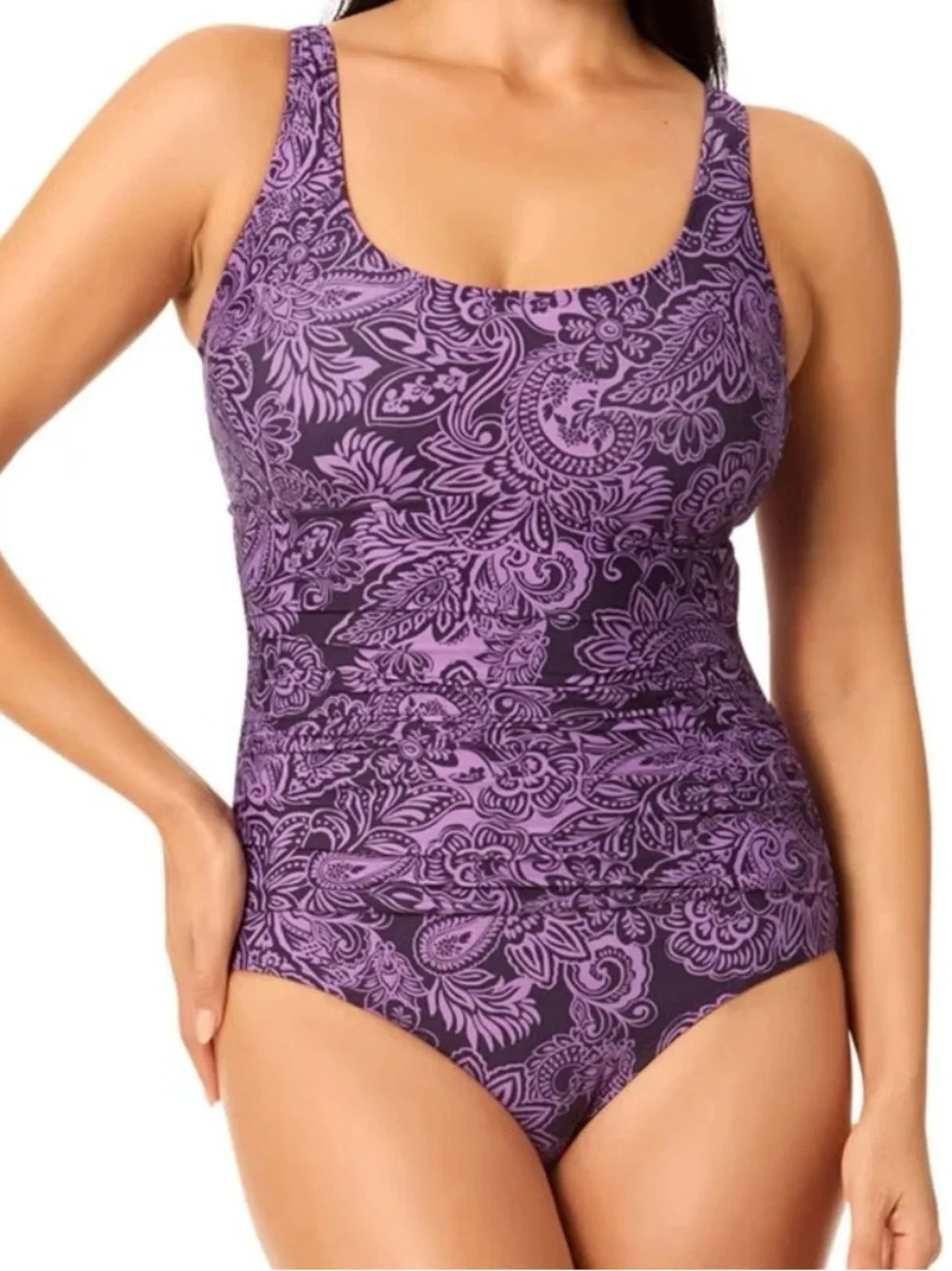 Lands' End Women's Purple Paisley Ruching One Piece Swimsuit Tummy Control XL